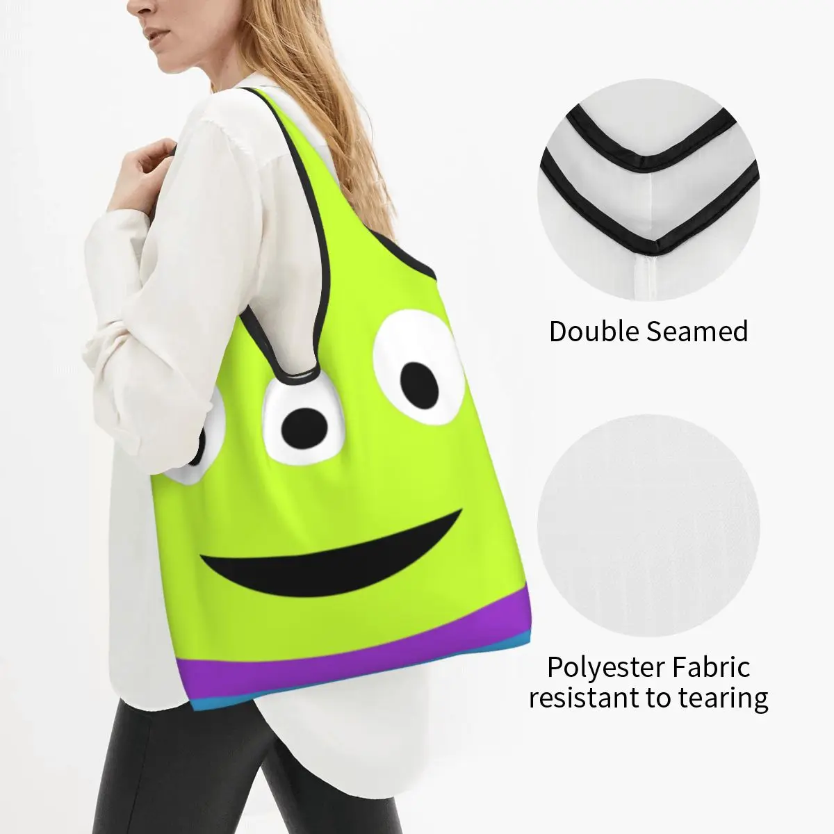 Custom Anime Toy Story Aliens Face Groceries Tote Shopping Bag Women Cartoon Movie Shoulder Shopper Bags Big Capacity Handbags