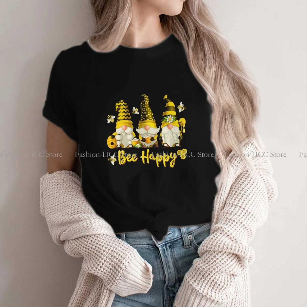 

Bee Happy Bee Gnome Spring Newest Polyester TShirts Bee Momen Graphic Streetwear T Shirt Round Neck