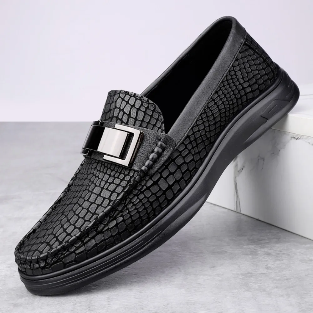 Men's Casual Shoes Soft Bottom Driving Shoes Leather Surface Bean Pattern Crocodile Texture Comfortable Breathable round Toe
