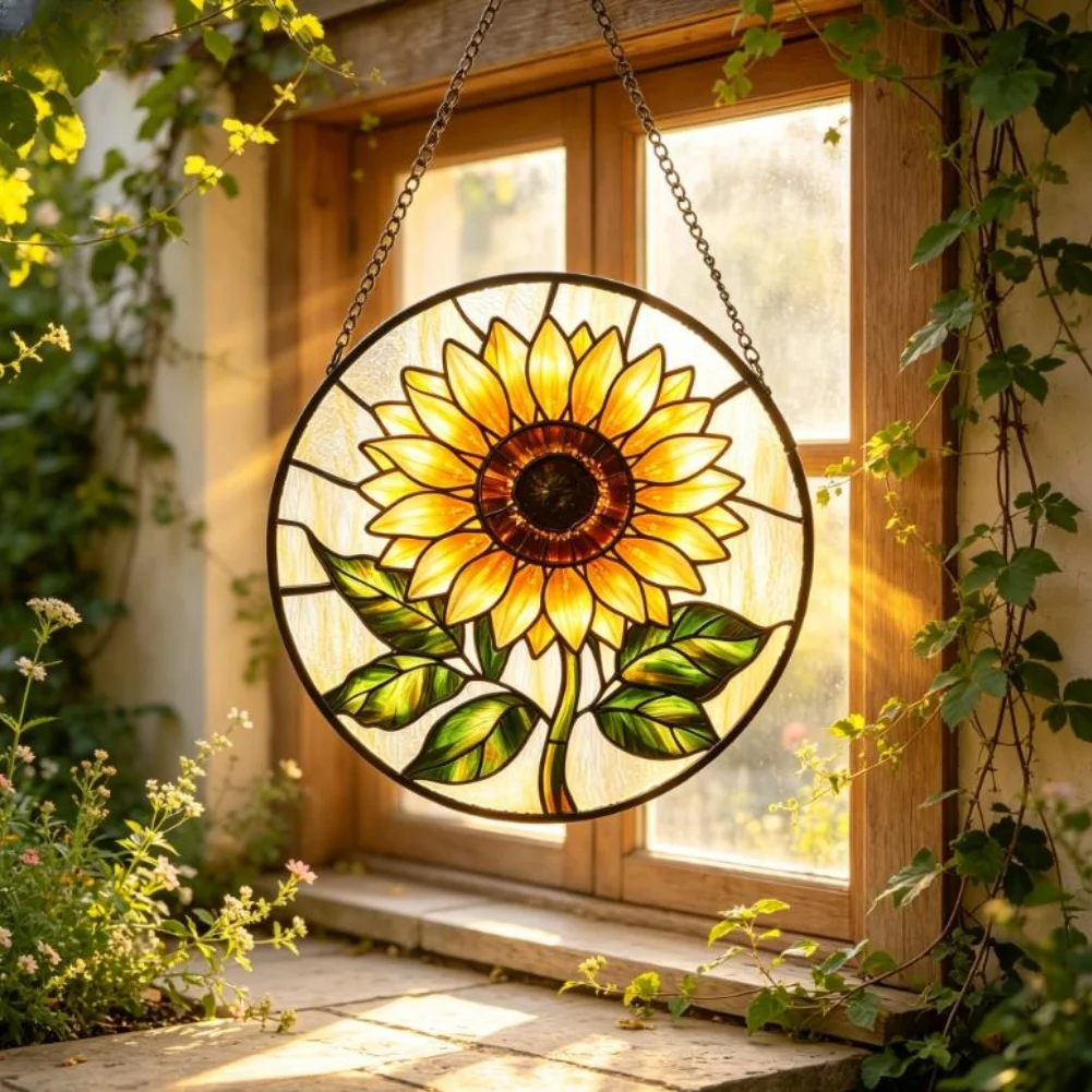 Sunflower Pattern Stained Glass Window Hanging Refraction Decor and Artistic Room Accent Without Frames or Mounts