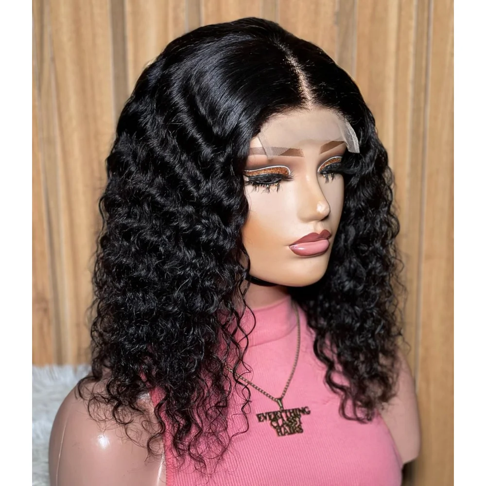 

Natural Black Soft Short Bob Kinky Curly 180Density Lace Front Wig For Women With Baby Hair Preplucked Daily Glueless