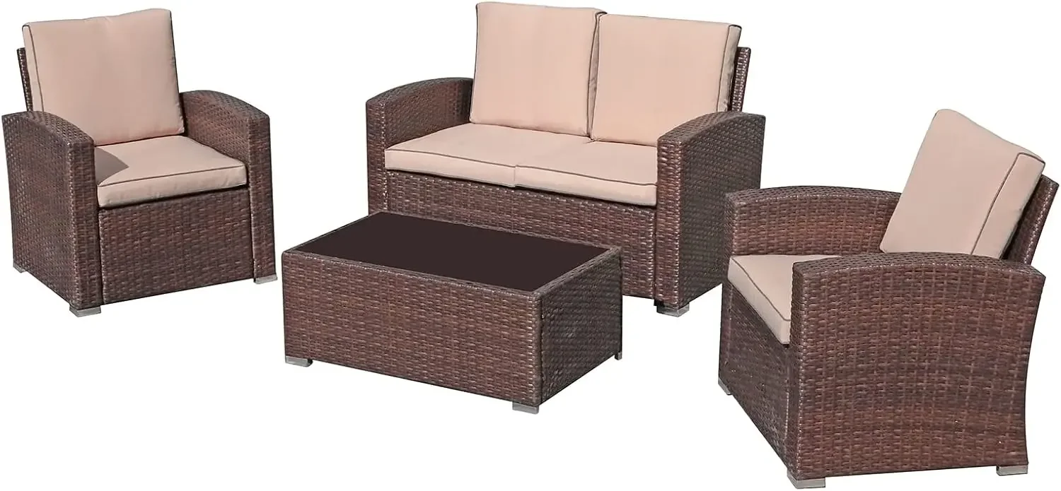 Patio Furniture Set, 4 Piece Outdoor Patio Conversation Set, All-Weather PE Rattan Wicker Sectional Patio Sofa Set with Tempered