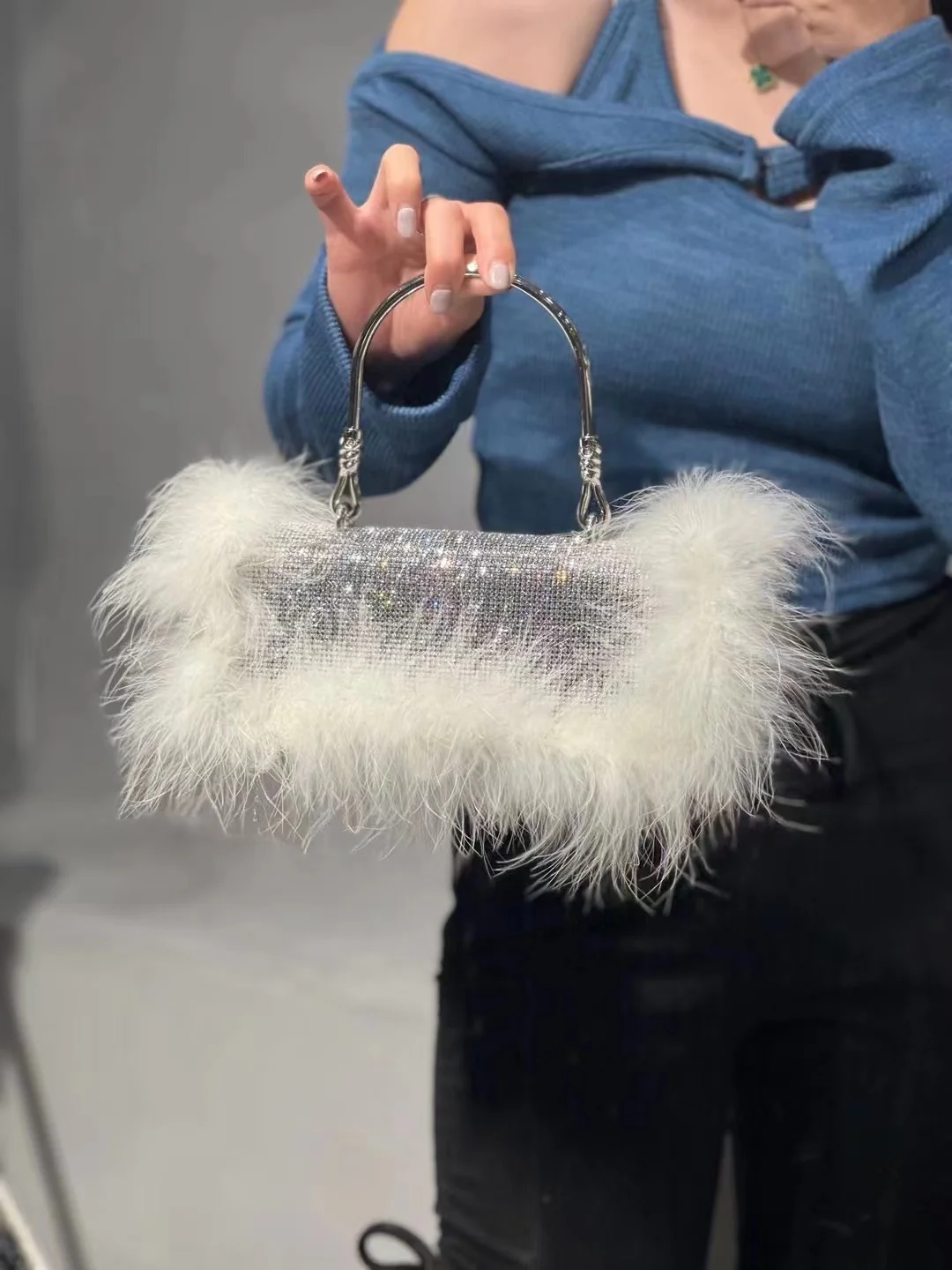 Fashion Ostrich Feather Rhinestone Diamond Square Bag Women Handbag Glitter Evening Bag Wedding Party Clutch Purse Shoulder Bag