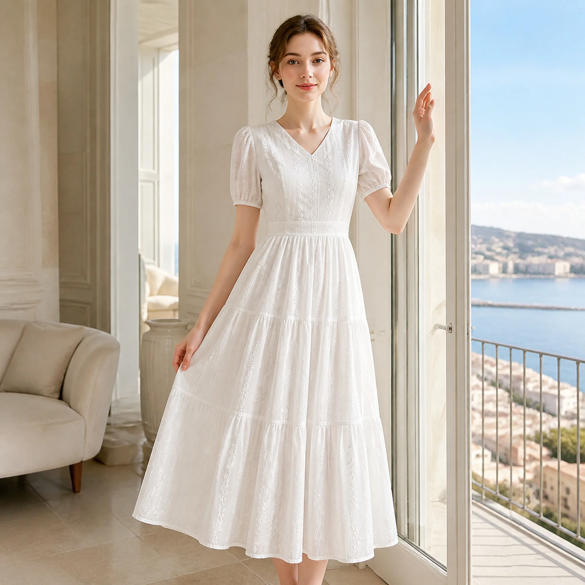 White Dress for Woman Elegant Party Summer Dresses 2026 Women's Casual Dresses for Women V Neck Embroidered Puff Sleeve A Line