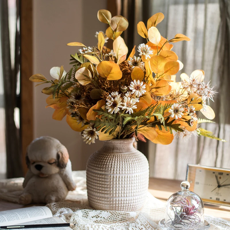 Bouquet Set Autumn Eucalyptus Leaves Tai Chrysanthemum Fairy Valley Grass Spinulose Leaf Dining Table Artificial Flower+ Vase