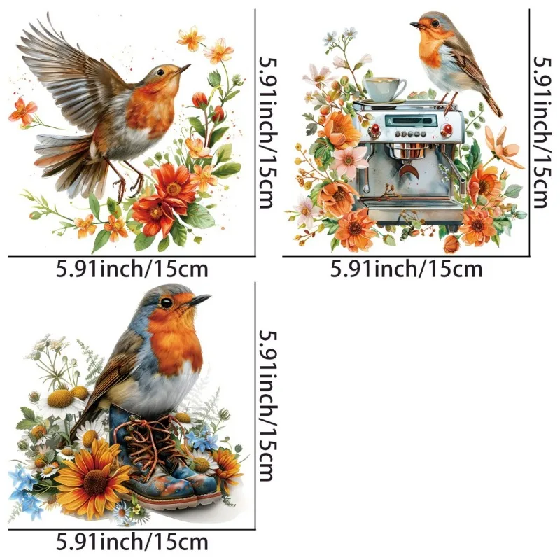 3PCS/6PCS Robin Bird with Flowers DIY Stickers Shirt Clothes Patch Girls Backpack Pillow Washable Heat Transfer Printing