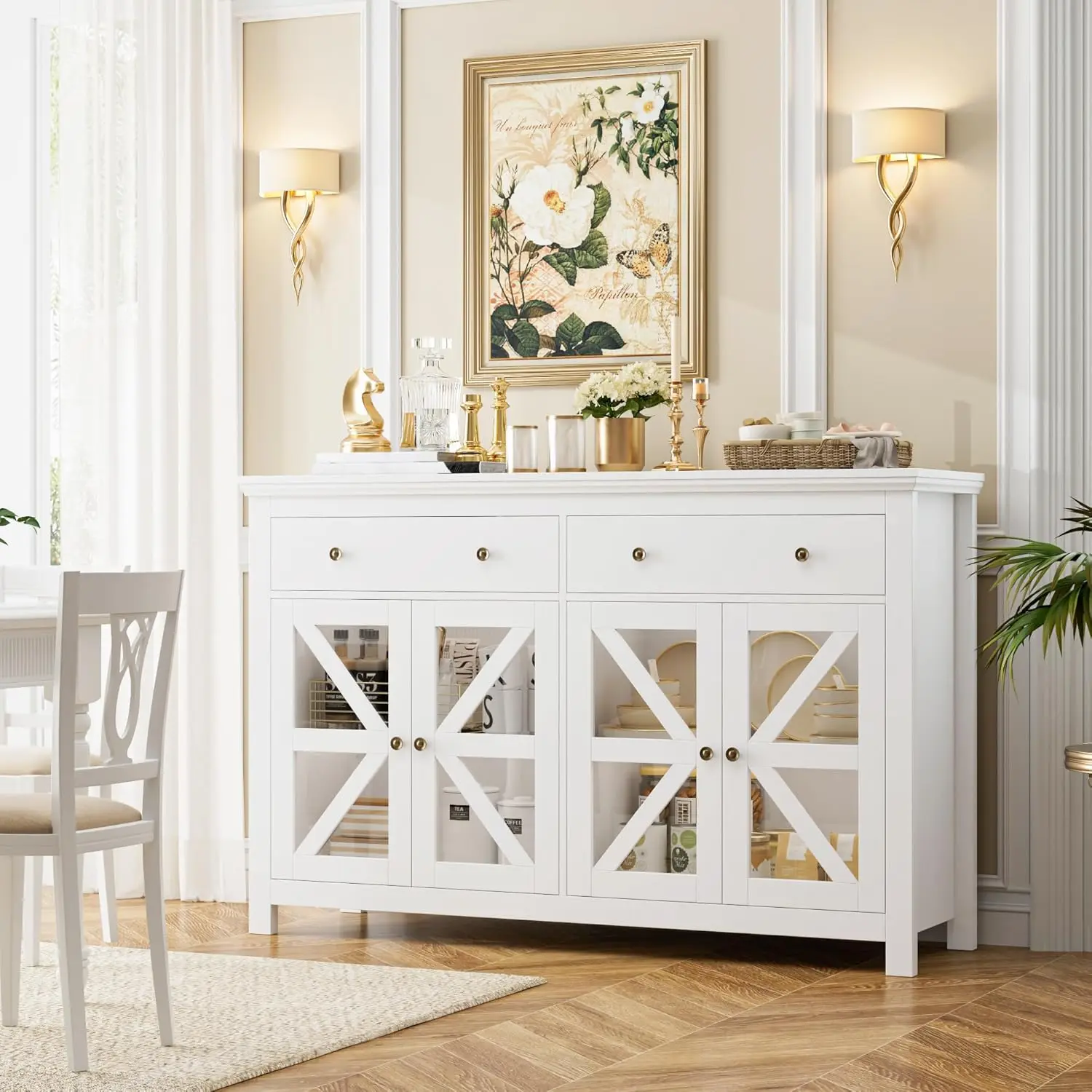 ตู้ไซด์บอร์ดบุฟเฟ่ต์สีขาวขนาดใหญ่พร้อมลิ้นชัก 2 ลิ้นชัก 4 ประตูกระจก – ตู้เก็บของในห้องครัวห้องรับประทานอาหาร