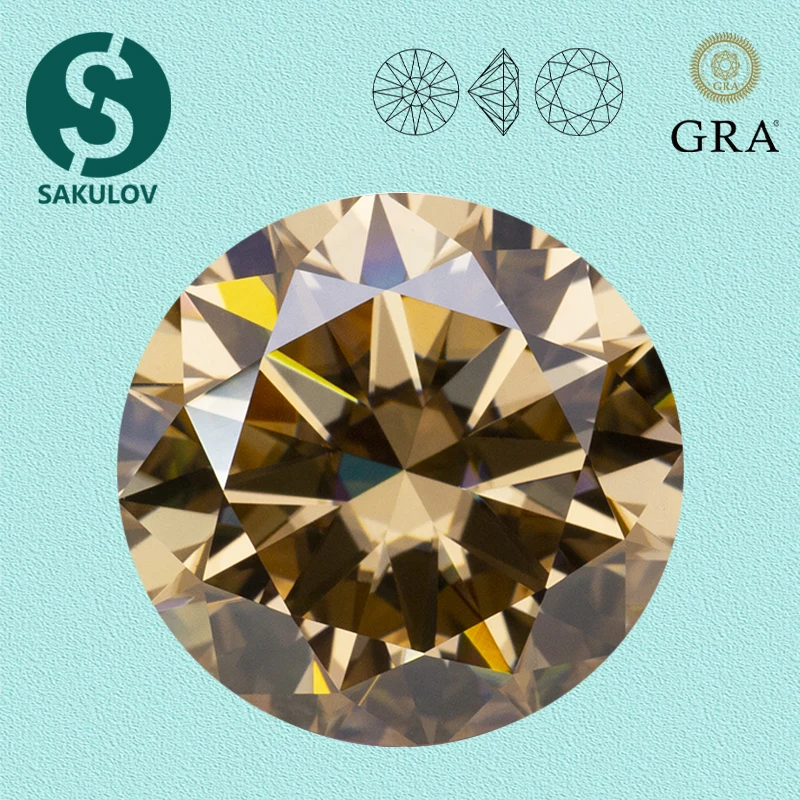 

Never Fade Natural Champagne Moissanite Stone with Certificate 5.0-18.0mm 3EX Round Cut Pass Diamond Tester with GRA Report