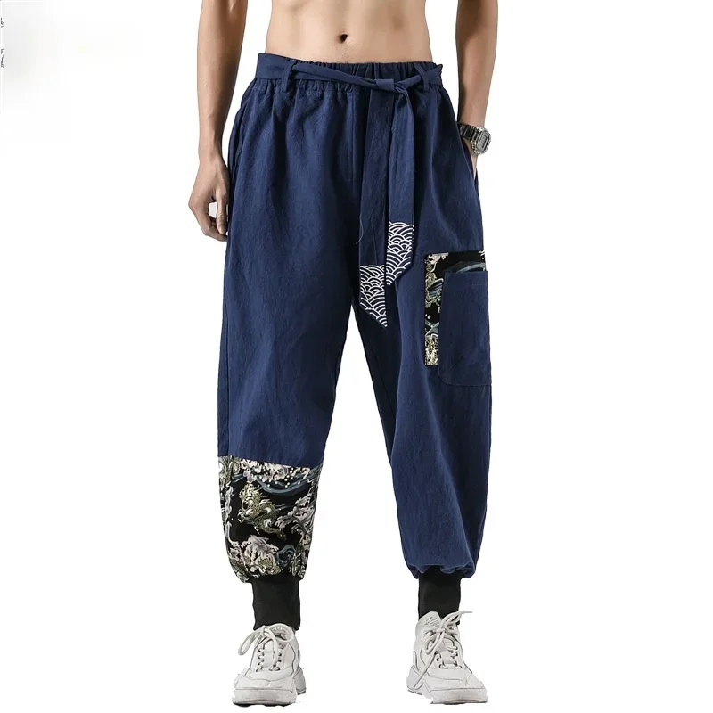 

TPJB Japanese Kimono Men Cotton Linen Samurai Costume Ukiyo-e Print Belt Retro Harem Pants Haori Baggy Trousers Harajuku Hip Hop