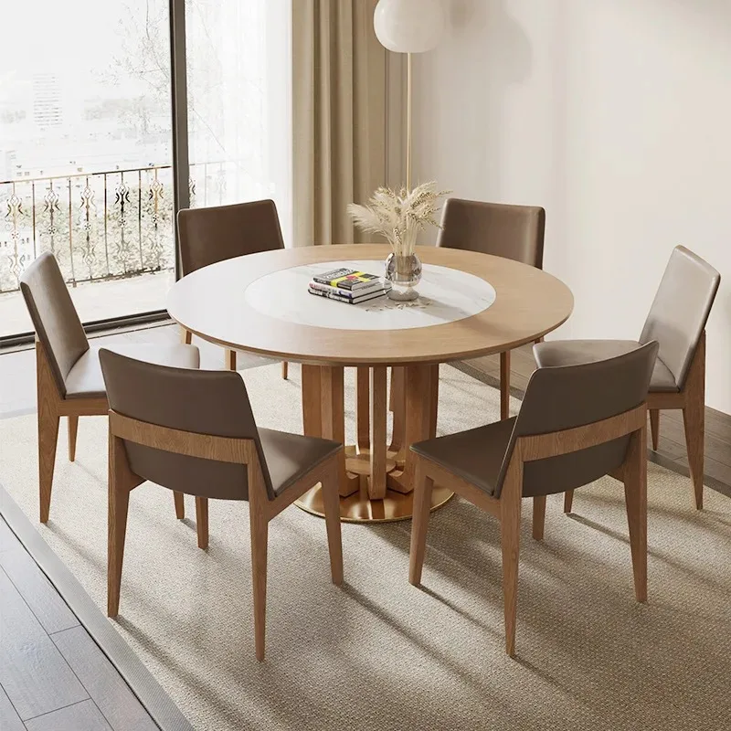 Round solid wood dining table with turntable embedded all solid wood dining table