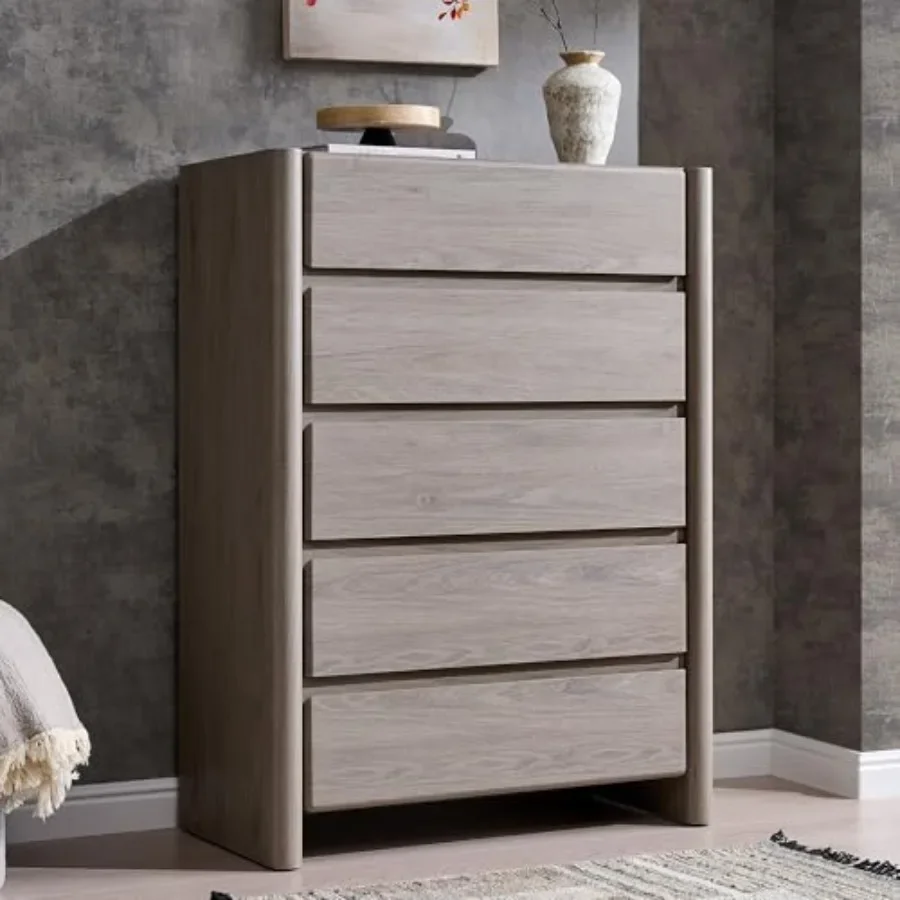 Modern 5-drawer bedroom dresser in engineered wood, matte white finish, spacious storage with smooth-gliding drawers and soft-c