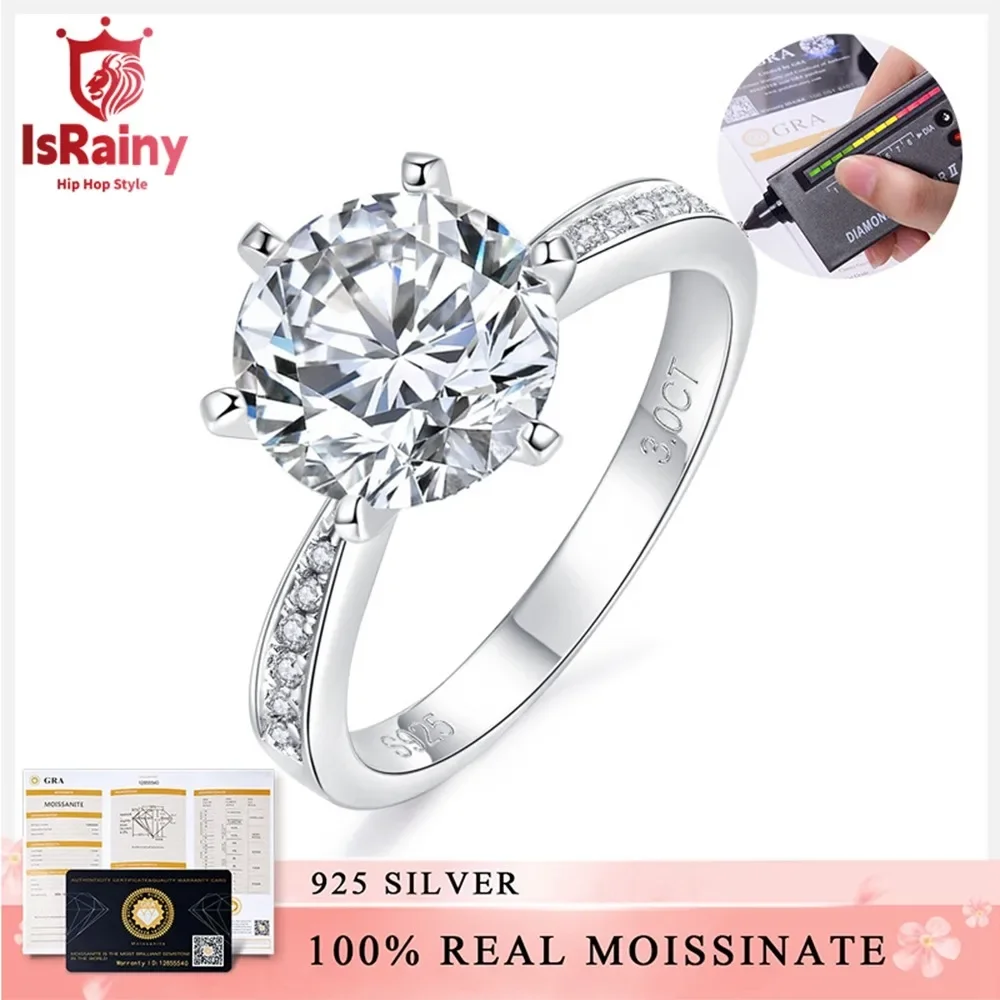 IsRainy D Color 1/2/3CT Round 3EX Cut Moissanite Rings 925 Sterling Silver GRA Certified Diamon For Women Wedding Fine Jewelrys