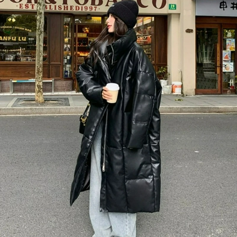 2026 Autumn Winter New Fashionable Thickened High-end Medium Length Jacket No Wash PU Leather Down Cotton Coat Women Long Style