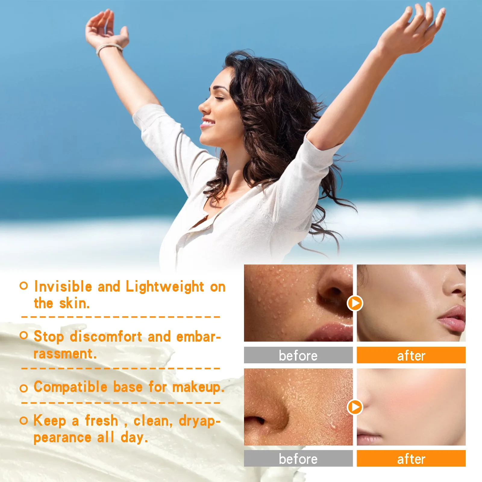 Crème anti-sudorifique pour le visage, livres d\'odeurs, séchage de la peau, contrôle de l\'huile, étiquettes, garde le maquillage, anti-sudorifique,