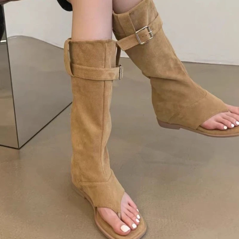 Designer Women\'s Boots Fashion Open Toe Women Sandals Luxury Suede High Top Roman Sandal Outdoor Versatile Women Knee High Boots