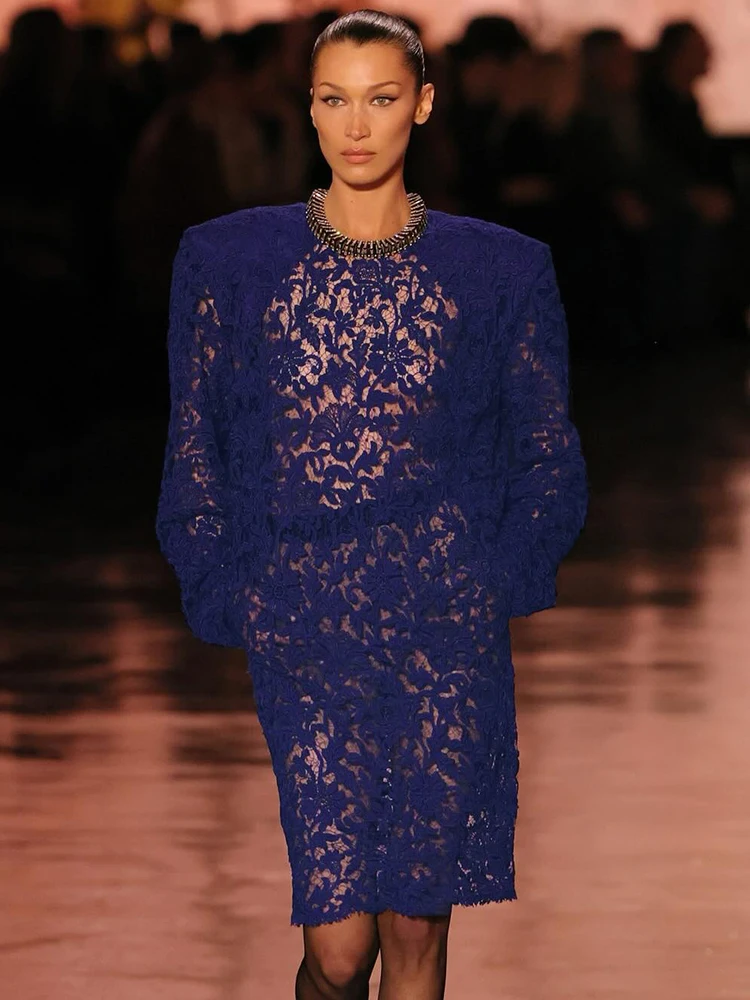 Elegant Purple Sheer Lace Midi Dress with Oversized Shoulders Vintage Floral Pattern Long Sleeve Cocktail Party Dress for Women