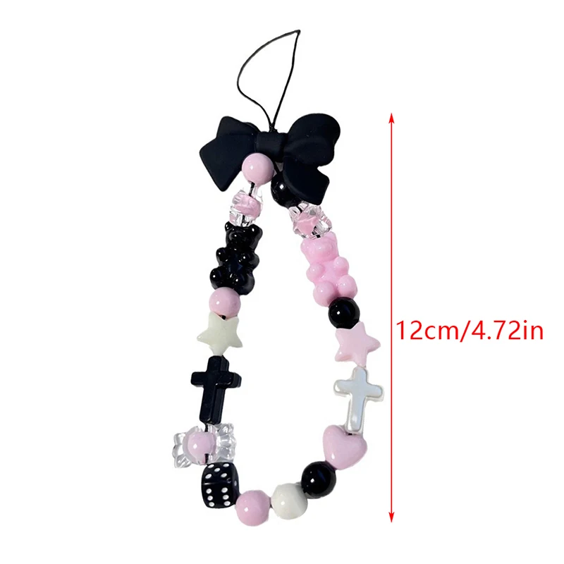 Y2k Bowknot Phone Chain Sweet Cool Beads Pendant Earphone Case Charm Anti-Lost Lanyard Wrist Strap Bag Decor