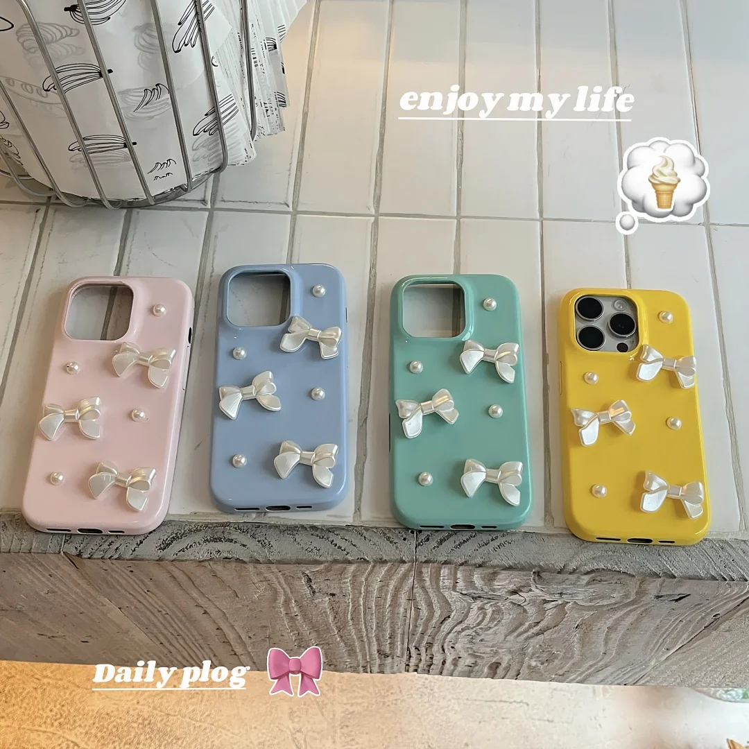 

Luxury Stylish Pearl Bowknot accessory Phone Case For iPhone16 15 14 13 Pro Max Anti fall glossy Cover 3D Korea Girl Shell﻿﻿﻿﻿﻿﻿