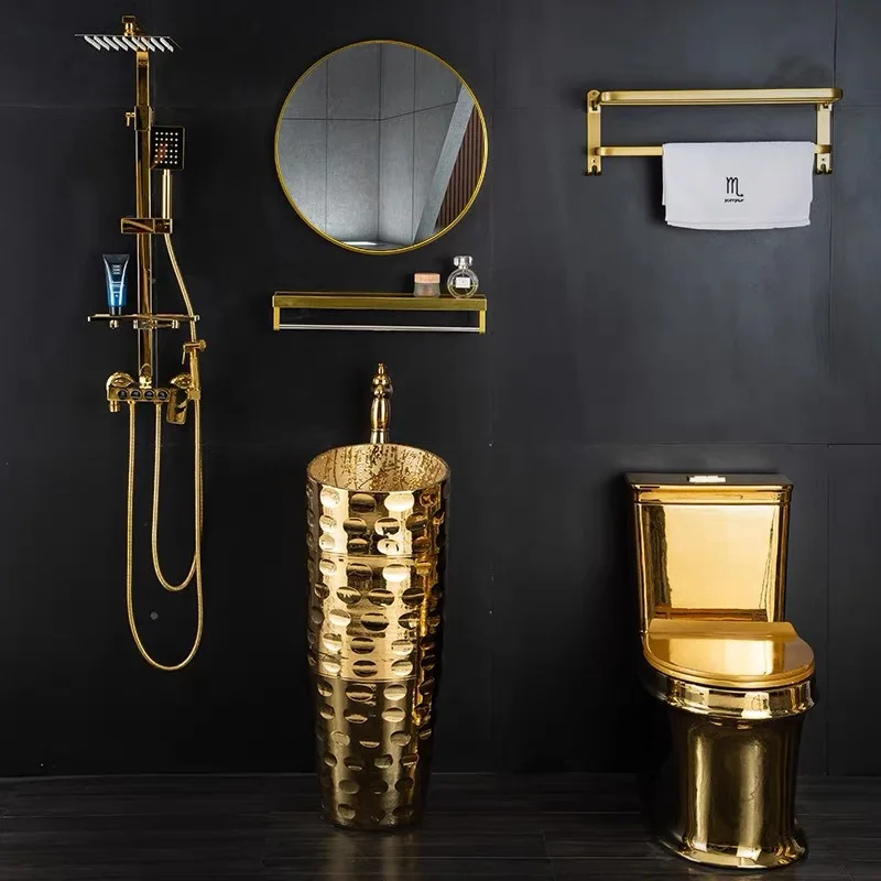 

European luxury golden column basin bar club column type washbasin small apartment integrated floor type washbasin