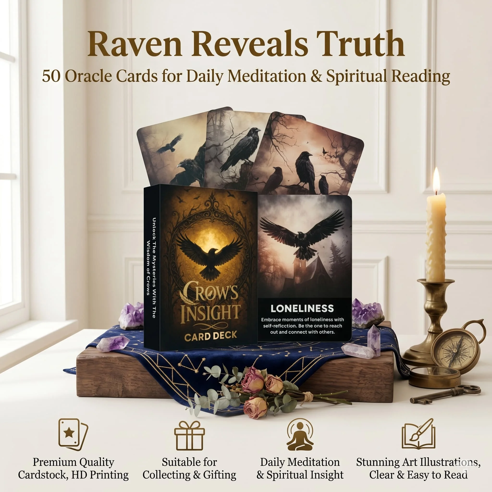 Cartes Oracle English Raven, 50 cartes de tarot illustrées pour la méditation, outil d'interprétation spirituelle, cadeau mystérieux pour la réflexion quotidienne