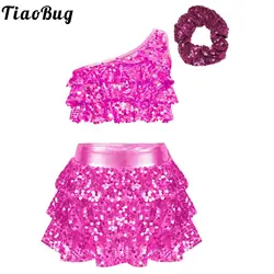 Children Girls Shiny Sequin Jazz Latin Ballroom Dance Outfit One Shoulder Crop Top and Culottes Hair Tie Cheer Leader Dance Suit