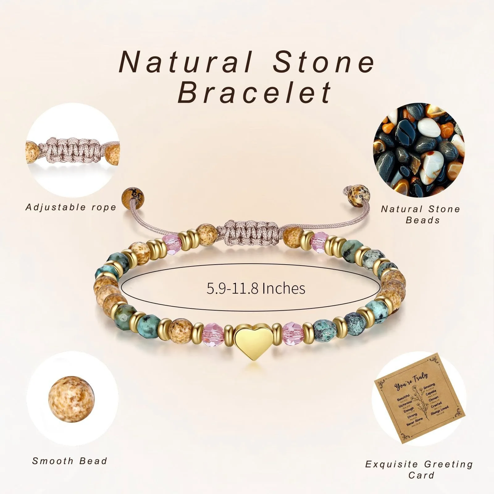Natural Picture Stone Bracelet African Pine Heart Pendant Powder Crystal Gold Bead Spacer Bracelet Picture Stone Love Bracelet