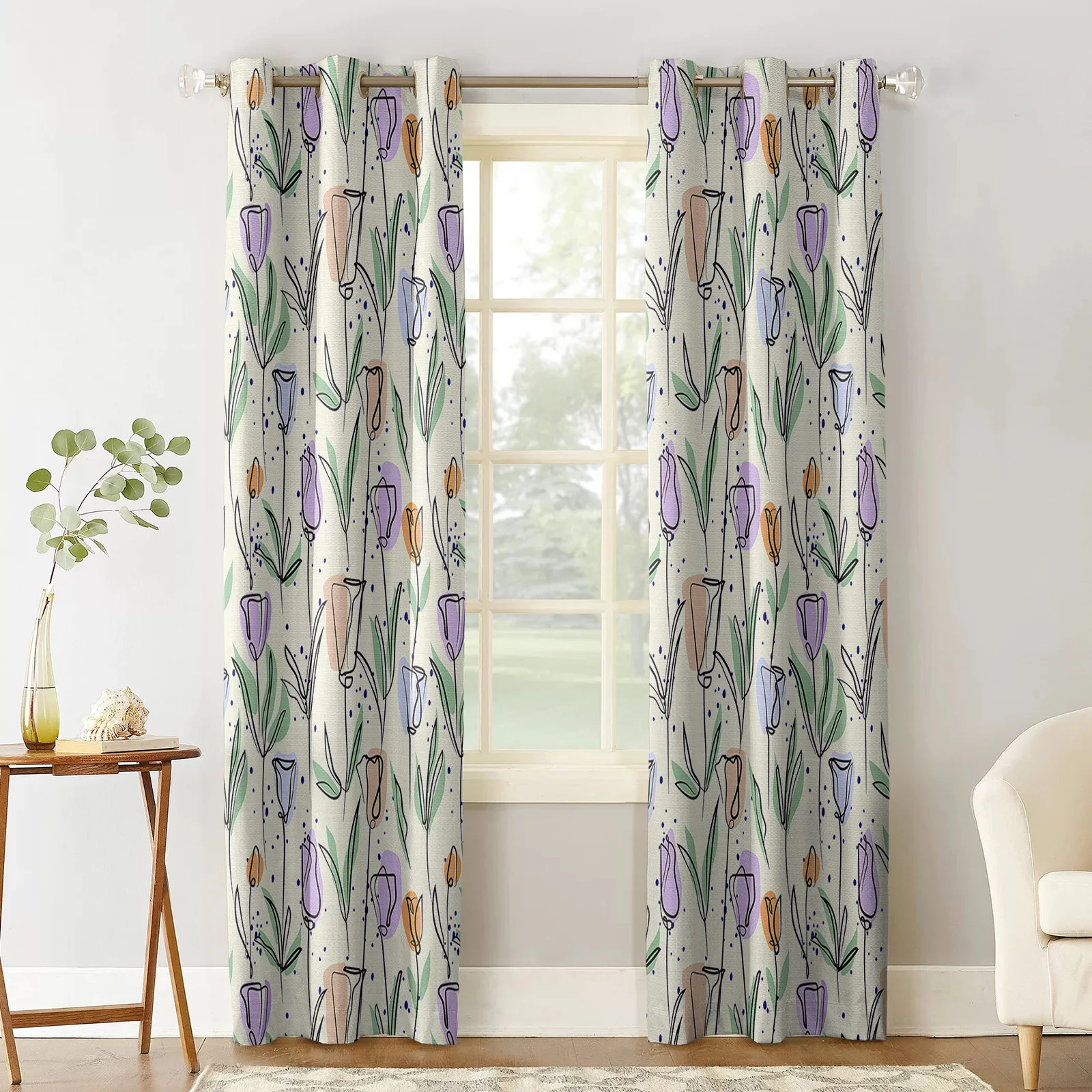 Hand-painted Flower Plant Tulips Bedroom Modern Living Room Kitchen Drapes Home Kids Room Decor Window Curtains