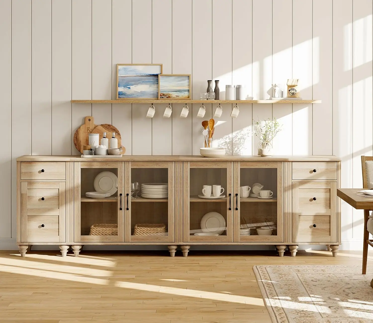 Sideboard Buffet Cabinets with 4-Glass Door, Kitchen Storage Cabinets with Charging Station, Wood Coffee Bar Tables , Oak