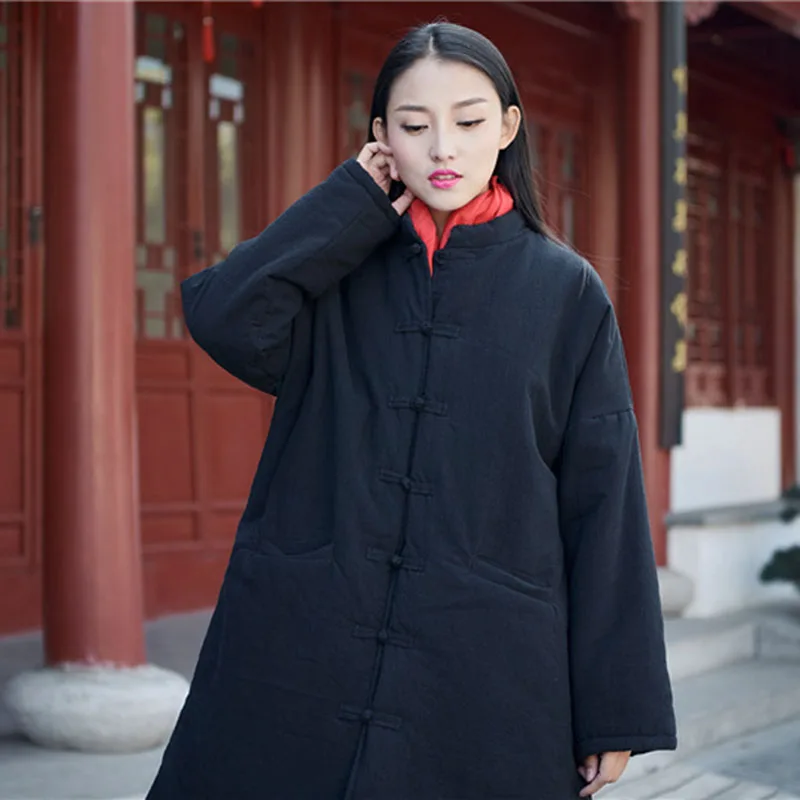 Winter Red Windbreaker Sewn Cotton Hemp Women's Single Row Disc Buckle Retro Loose Thick Chinese Coat Casual Long Cotton Coat