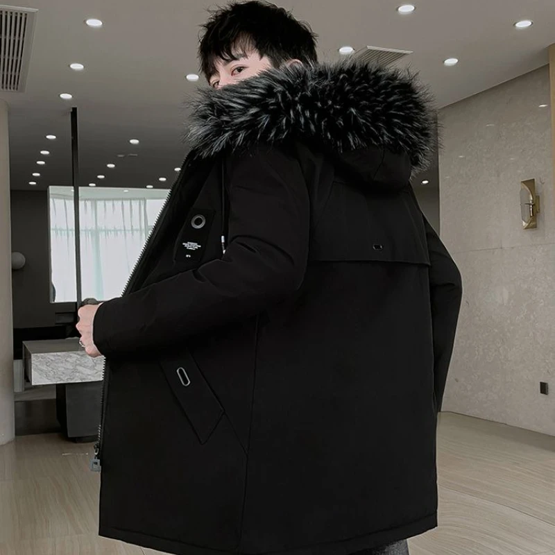 

Men's Winter Warm Thick Fleece Lined Cotton Parka Mid Length Hooded Jacket Korean Style Fashionable Outerwear for Cold Weather