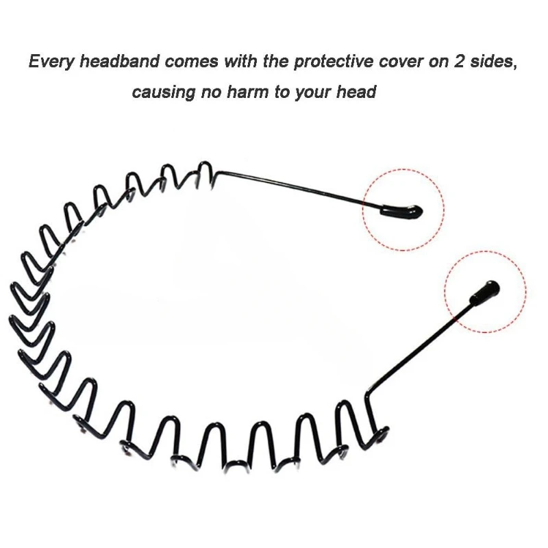 2팩 블랙 메탈 스프링 웨이브 헤어밴드, 남녀공용 미끄럼 방지 패션 스포츠 모자