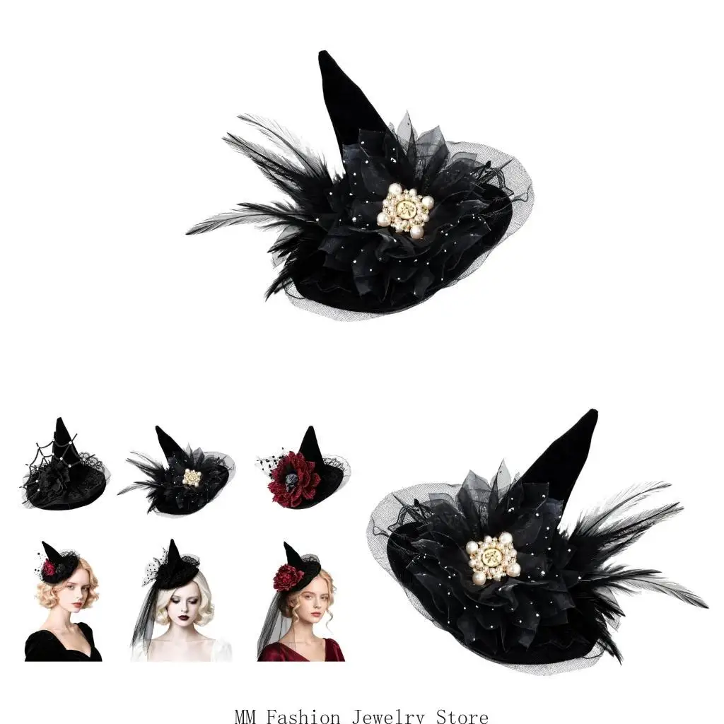 Clip-On Halloween Witch Hat Fascinator Headdress with Black Mesh Trim for Costume Party Wear and Themed Photo Use D0UB