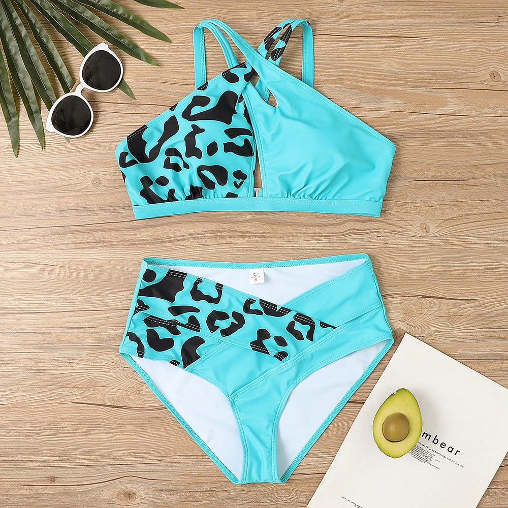 2022 New Ummer Women Fashion Leopard Print Two-piece High Waist Bathing Suit Swimsuit Female Sexy Bikini Suit Loose Beach Wear