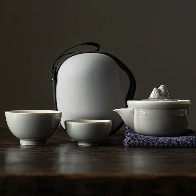 Vegetable Ice Gray Glaze Travel Tea Set Ceramic Simple One Pot Two Cups Outdoor Tea Making Luxury Chinese Camping Tea Ceremony