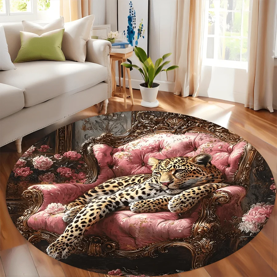 Round Home Floor Rug, Imitation Wild Beast Hide Texture Animal‑Pattern Circular Mat Rustic Household Interior Ornament Non‑Slip
