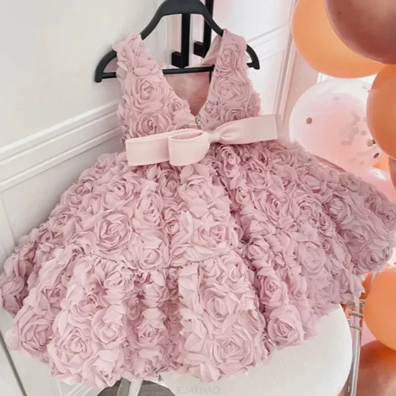 Wed Dress Costume Children Pink Girls Birthday Host 3D Floral Gown Vestido Matching Kids New Flower Girl Party Dresses Outfit