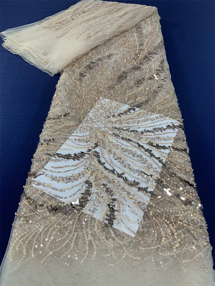 

african Sequins Tulle Lace Fabric 5 Yards 2024 High Quality Embroidery French Net Nigerian Beaded White Lace For Wedding
