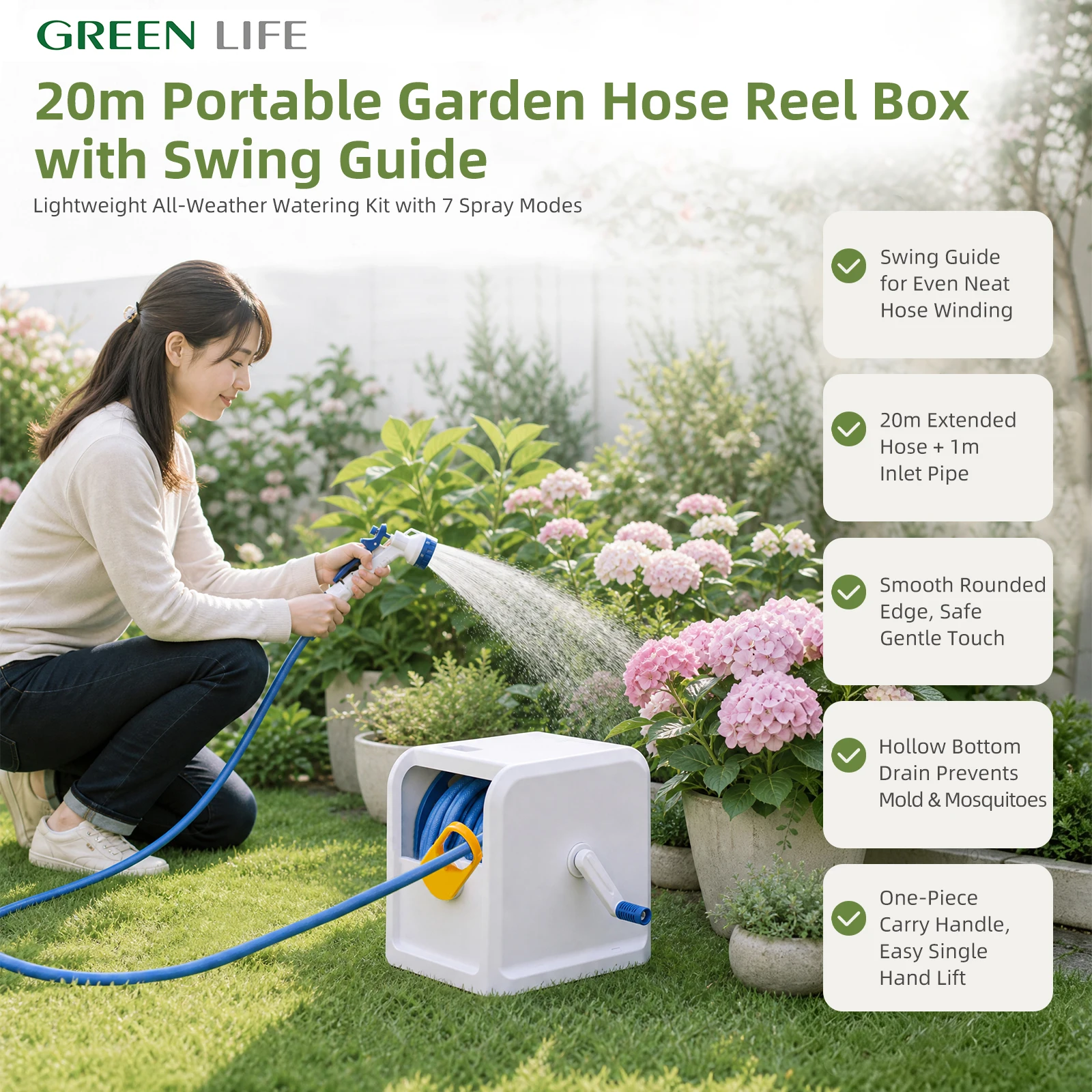 GREENLIFE Japanese-made 20-meter watering hose set, including a hose and a nozzle, a cooling device for watering flowers