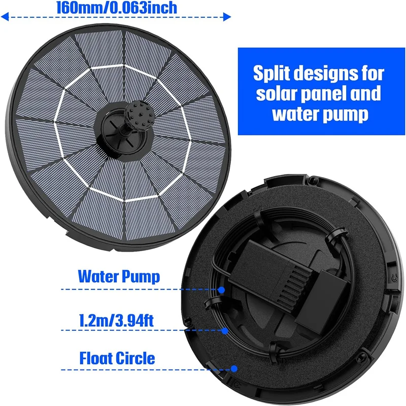 Pompe de fontaine solaire bricolage avec cordon d'alimentation de 1.2 m, fontaine de bain d'oiseaux à énergie solaire avec 6 anonymes pour bains d'oiseaux, étangs de jardin
