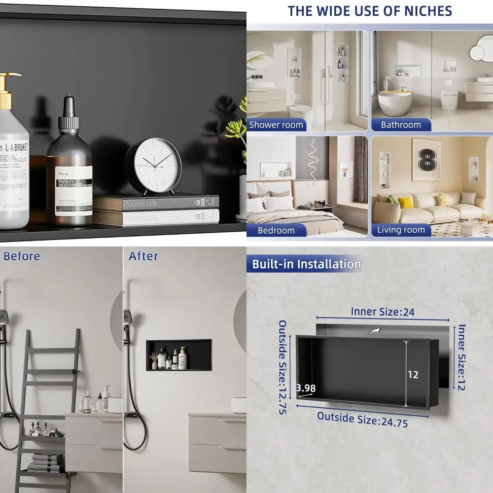 

Black Stainless Steel Recessed Shelf, 24x12x4 Inches, Waterproof for Bathroom and Shower Wall Mount Installation