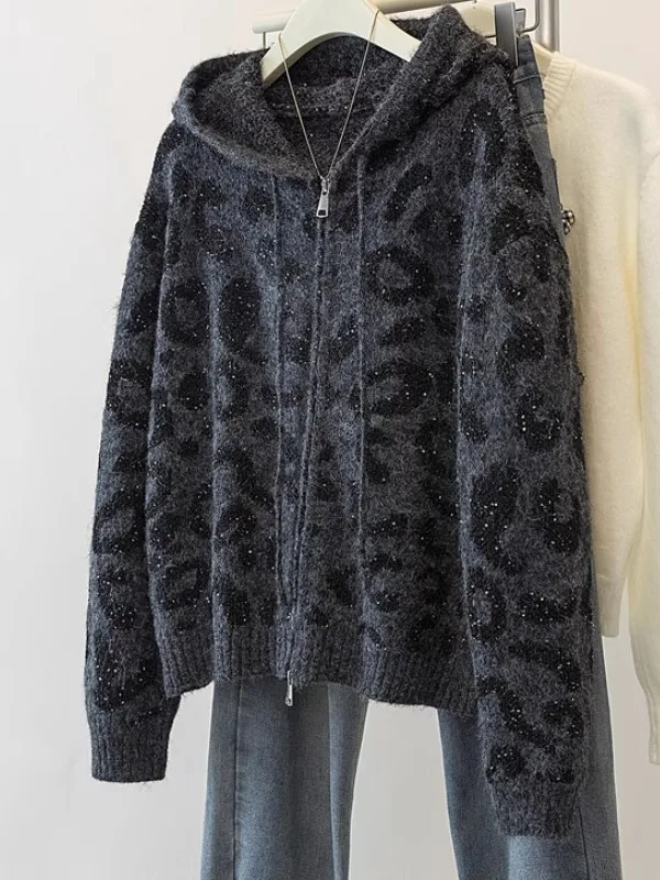 

Женская вязаная кофта-кардиган больших размеров с капюшоном и длинными рукавами, с леопардовым принтом, утягивающая, блестящая, осенне-зимняя верхняя одежда