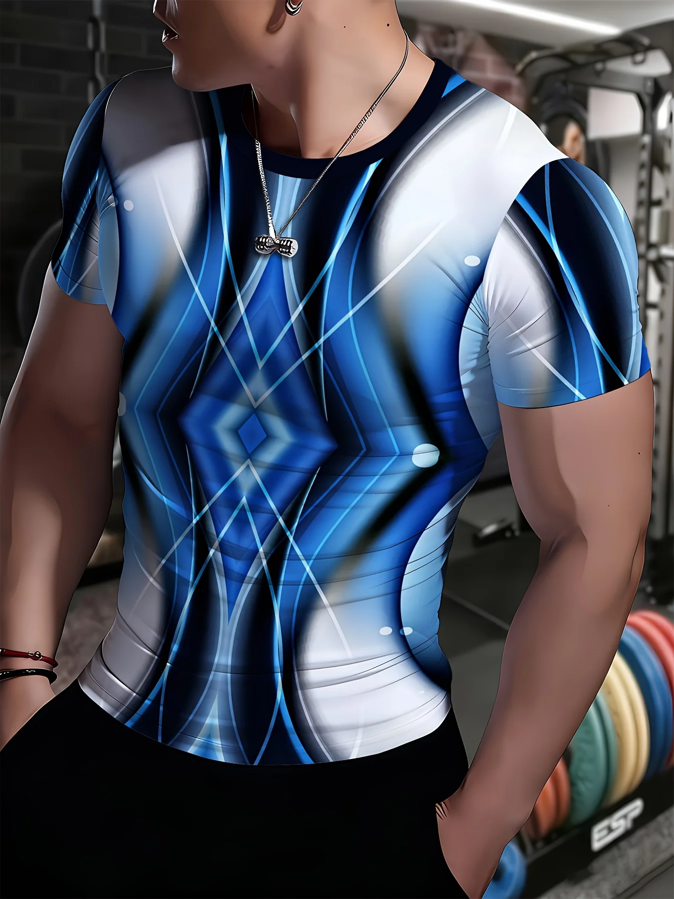 Men Sports Short Sleeve T-shirt High Elastic Quick Dry Blue White Rhombus Curve Line Print Breathable Compression Fitness Top