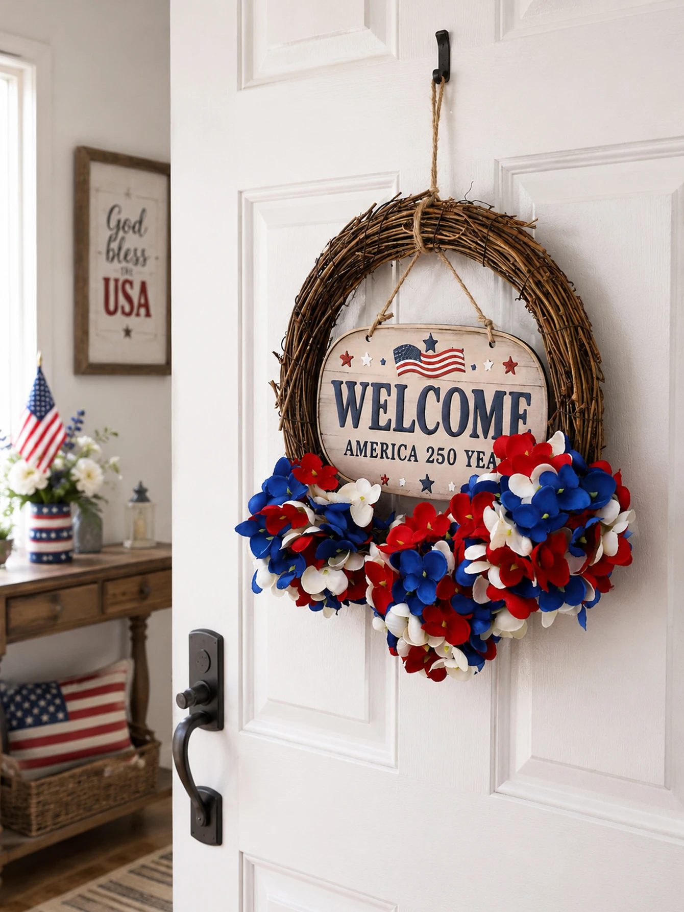 Patriotic Hydrangea Wreath, 4th of July Welcome Sign Door Wreath, Flower Grapevine Wreath for Independence Day Front Door Decor