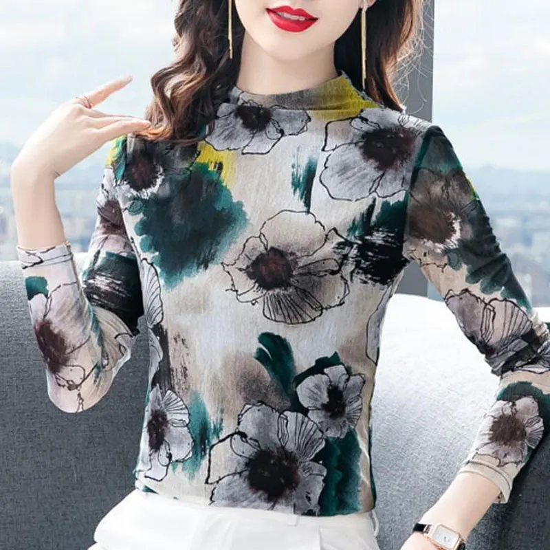 Stylish Casual Floral Printed Contrasting Colors T-shirt Spring Autumn Elegant Slim All-match Female Half High Collar Pullovers