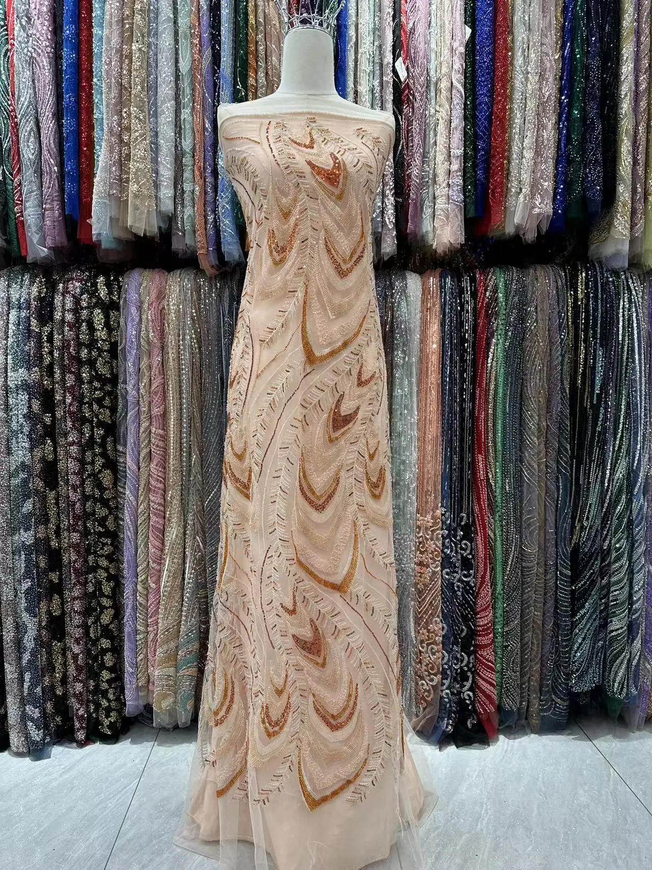Latest Best Quality Popular Luxury Elegant Tulle Sequince lace With Stones Fabric For Wedding Evening Dresses NN2388_R