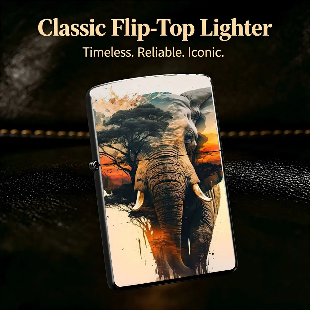 Pocket Lighter, Flip-Top Windproof Design, Metal Case, Elephant with Tree and Sunset Print, Comfortable Grip, Portable & Durable