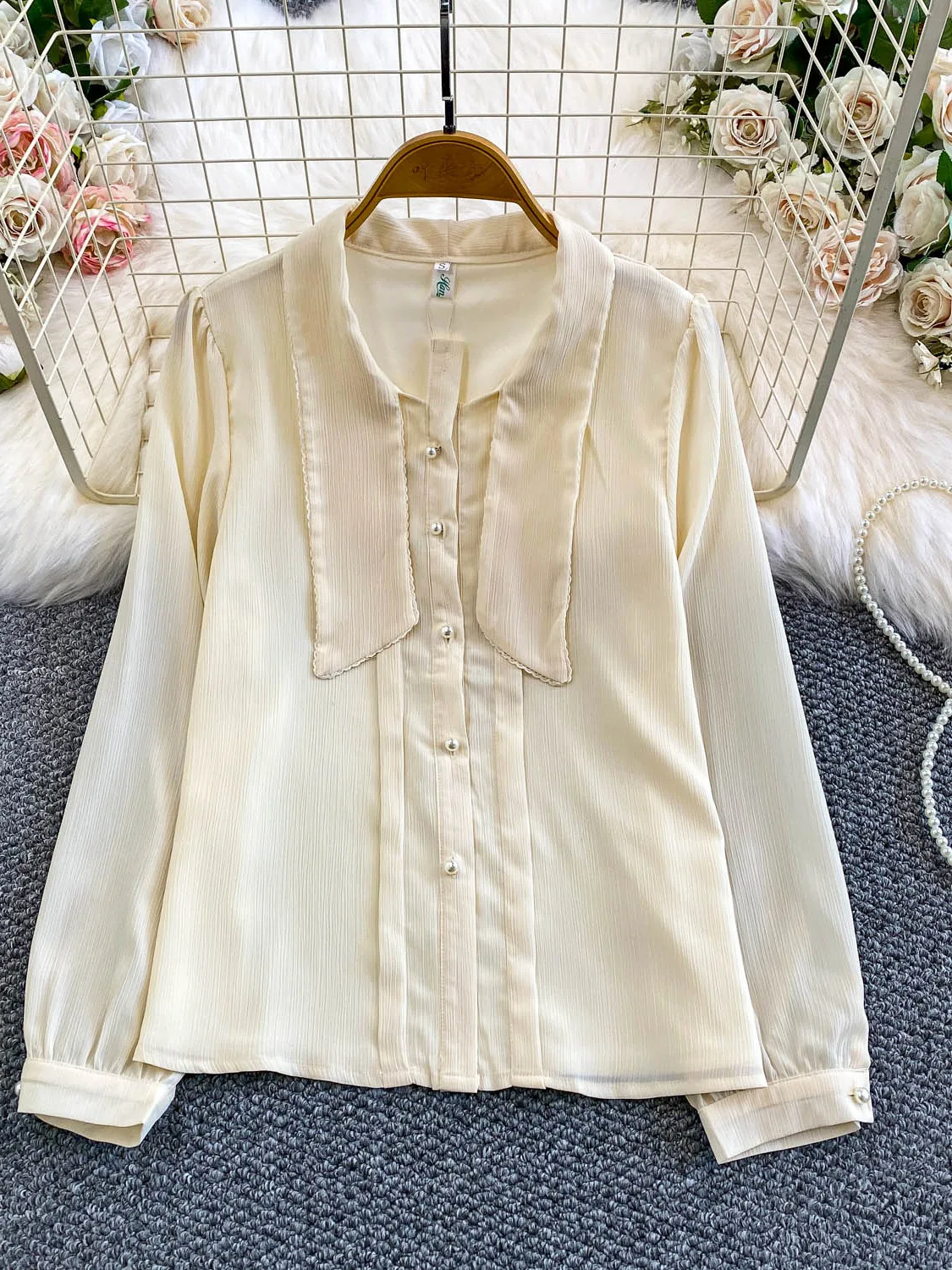 Ochrona przed słońcem Luźna długa koszula damska Jesień Zima Dojazdy do pracy Ozdobne guziki z perłami Odzież wierzchnia Ele Classy Kołnierzyk typu tie