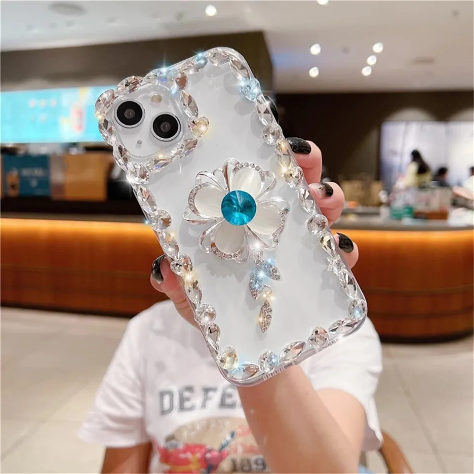 Luxury 3D Flower Diamond Glitter Transparent Cute Phone Case For iphone 14 13 12 11 Pro Max XS XR 7 8 Plus SE3 MiNi Soft Funda