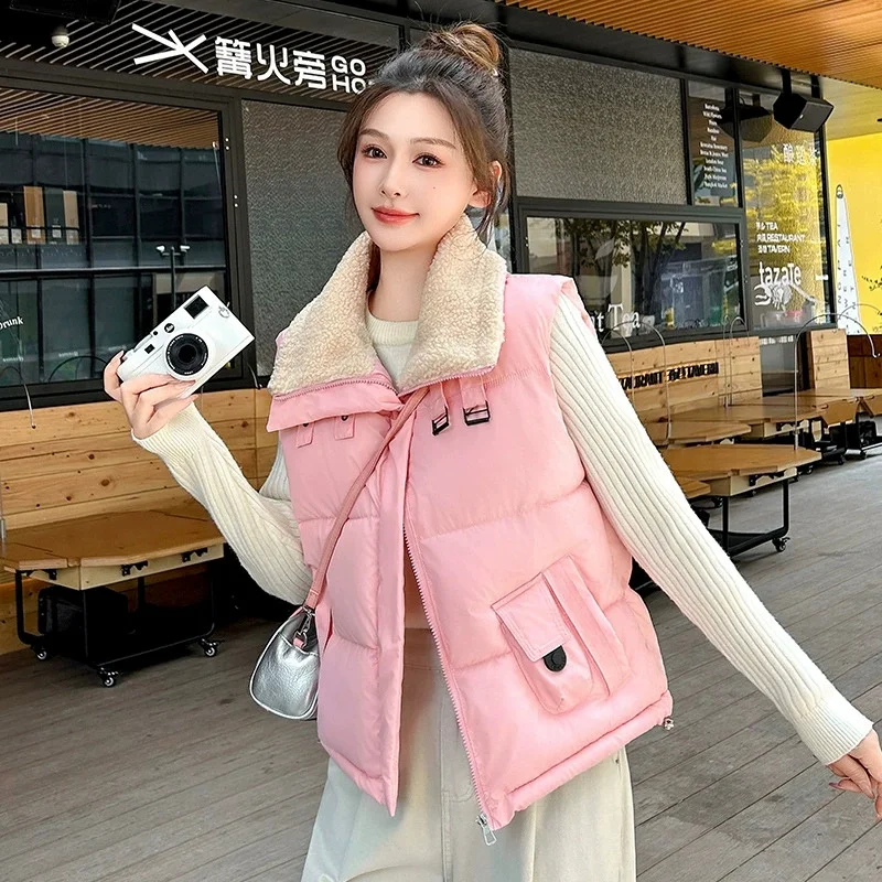 

Lamb Wool Lapel Stitching Cotton Vest Jacket Women Autumn Winter Coat 2025 New Sleeveless Vest Coat Outside Female Waistcoat Top