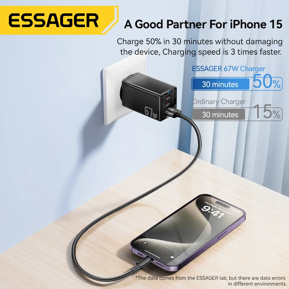 Essager 67W GaN USB Charger Quick Charge 3 Ports USB Type C Charger For IPhone 15 14 13 Macbook Laptop iPad Xioami Samsung S23